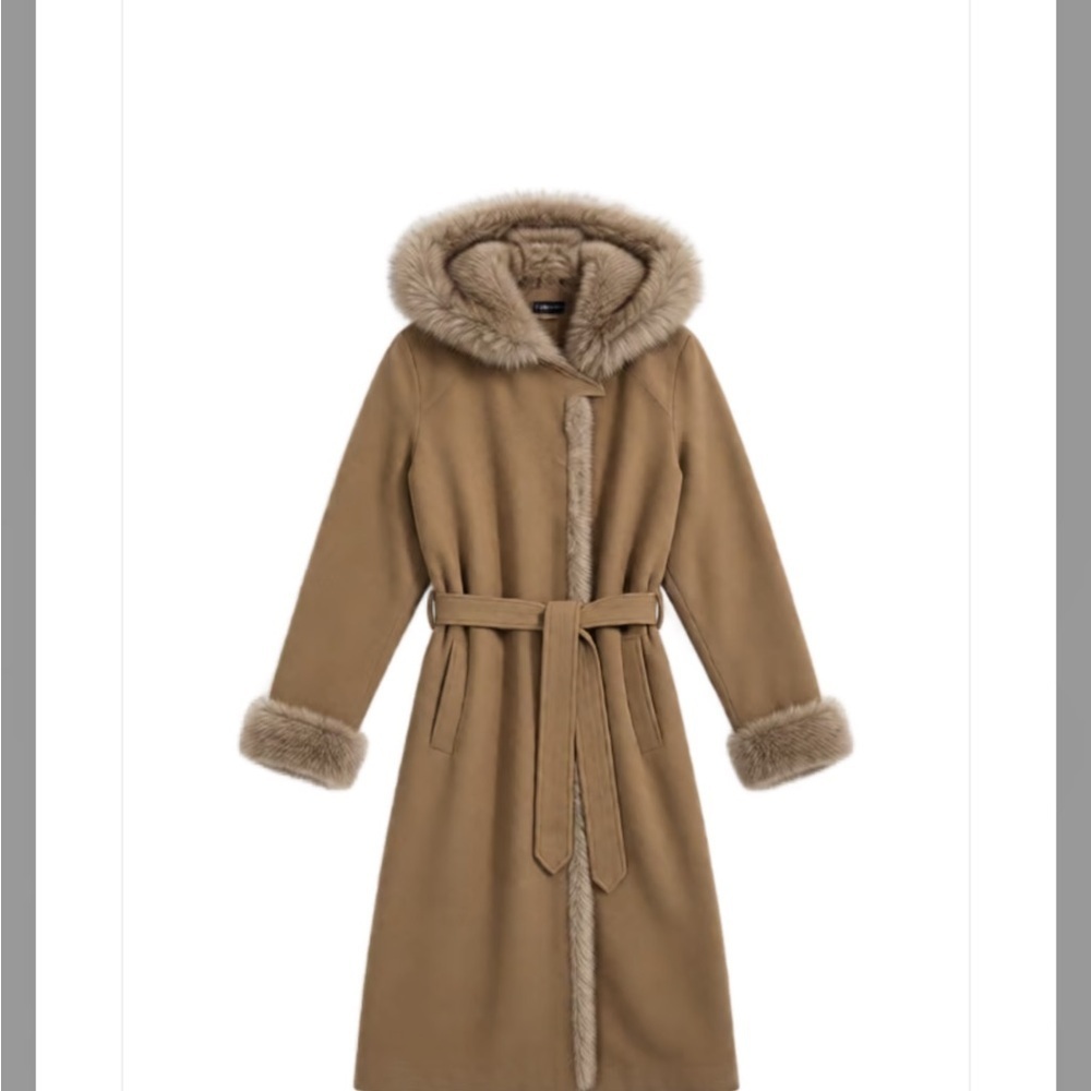 Vintage Antique Long Tan Coat with Fur Trim Size Small